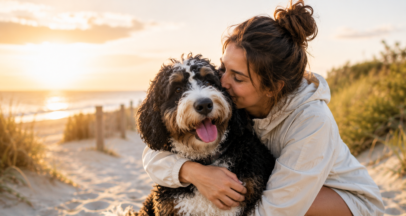 Woman hugging a dog on a beach at sunset