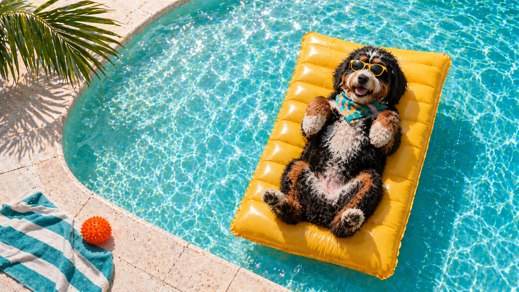 Dog floating on a yellow raft in a pool